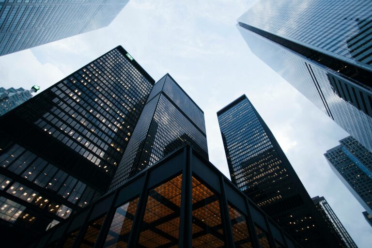 looking up at downtown buildings